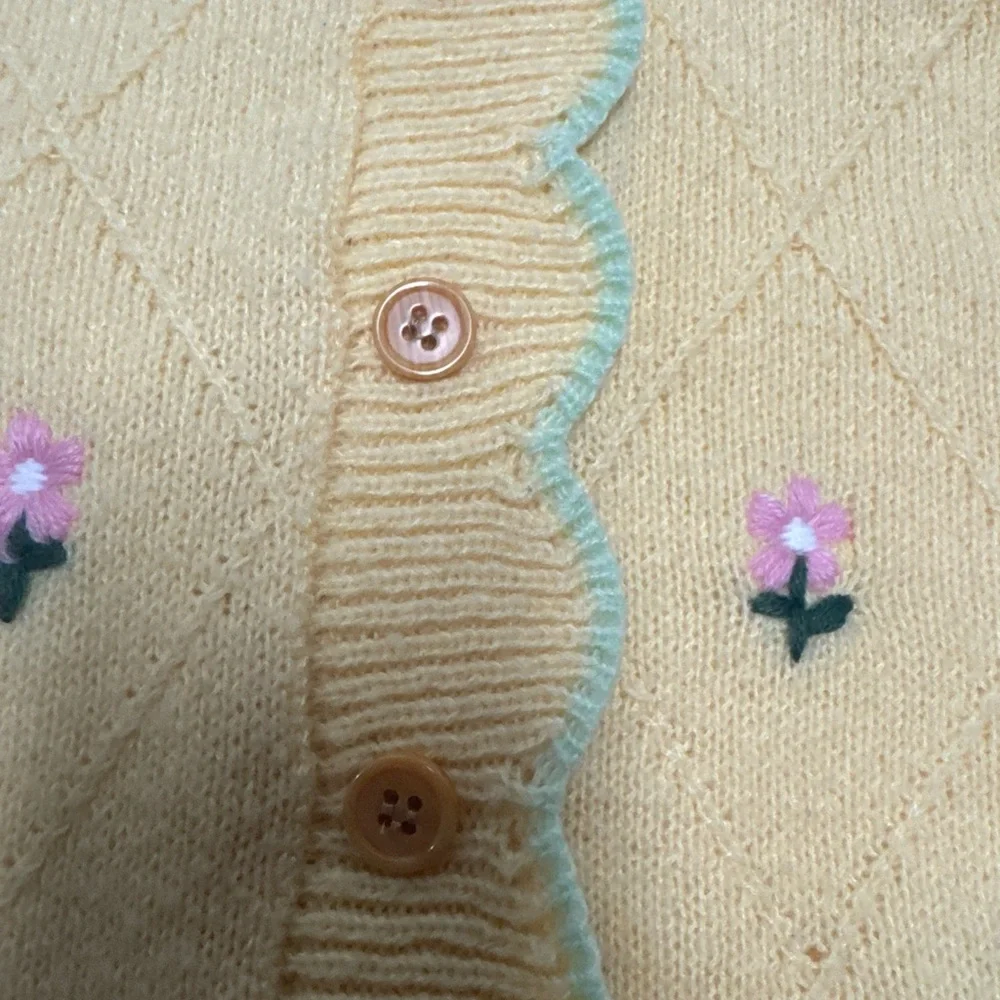 Baby Girl Yellow Knit Romper Floral Embroidered Button Front One Piece Outfit - Picture 3 of 5